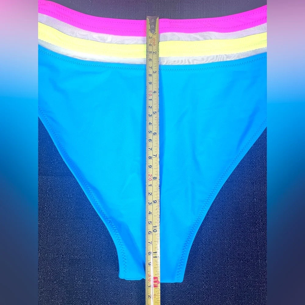 POPVIL Swim Bikini Bottom High Leg Waist Neon Turquoise Pink Yellow Med NEW NWT